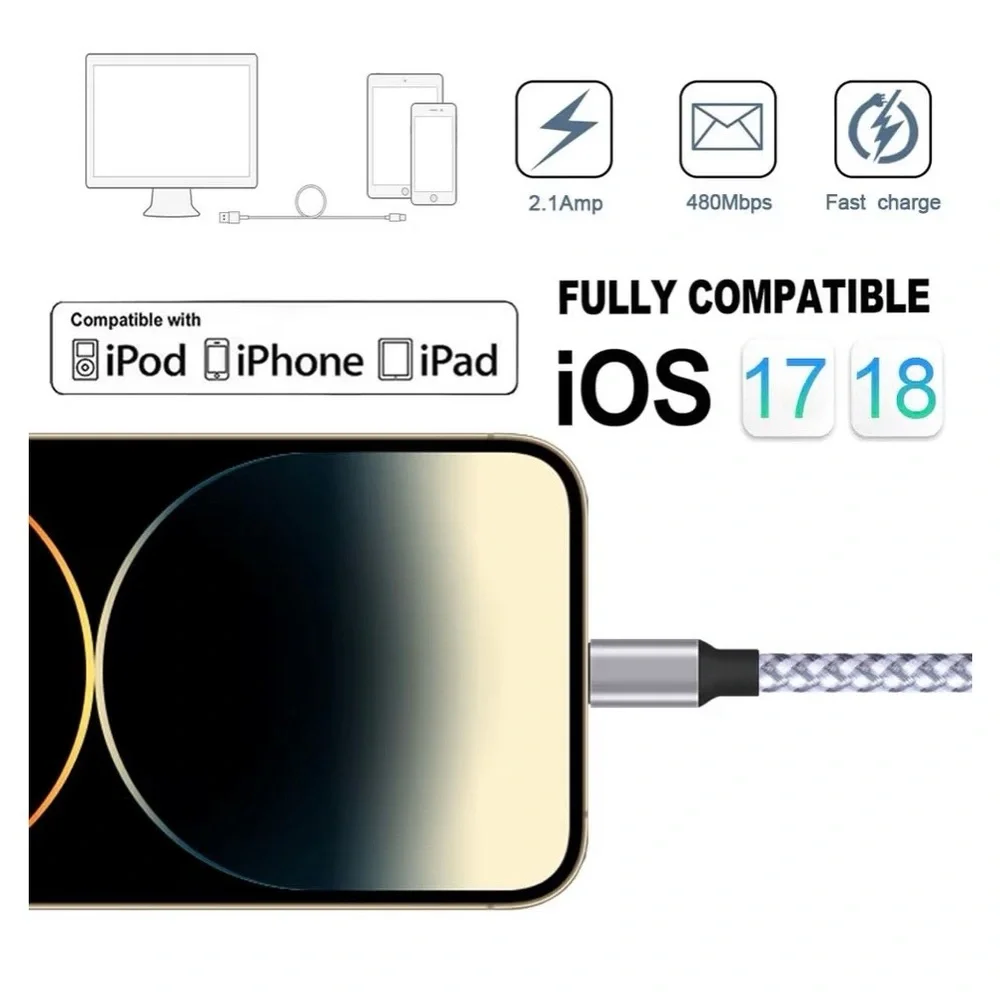 TAKAGI 6ft Silver Braided Lightning Cable 1-Pack, iPhone Charger